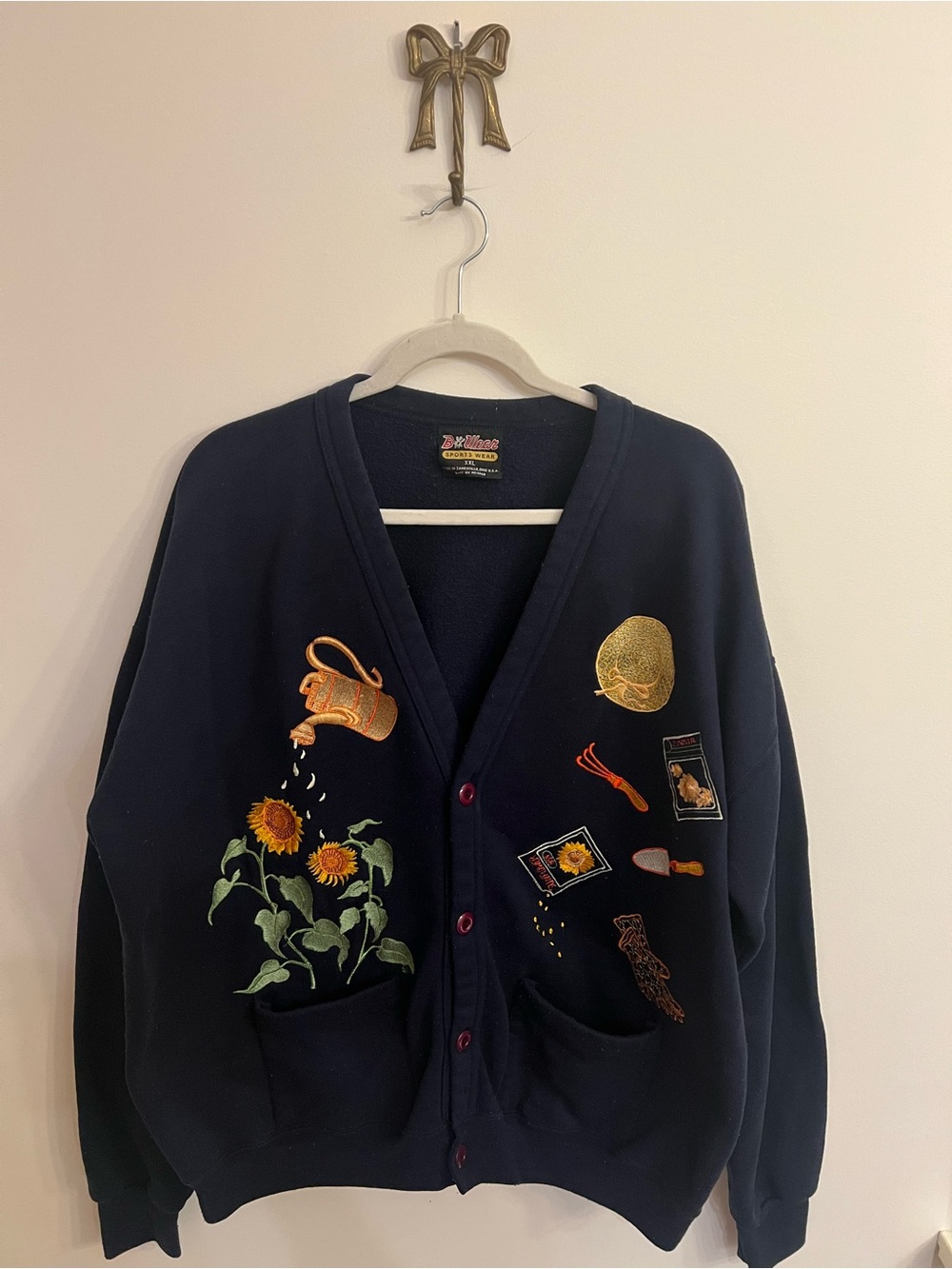 Navy Cardigan Women's XL Sunflower Embroidered Garden Knit Grandmacore